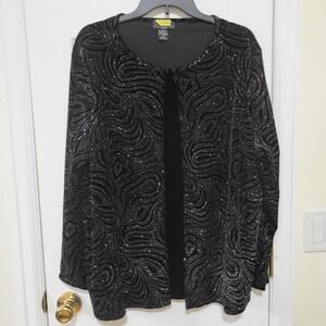 Elementz Woman Black Velvet Glitter Swirl Open Front Top Faux Cardigan Jacket 2X